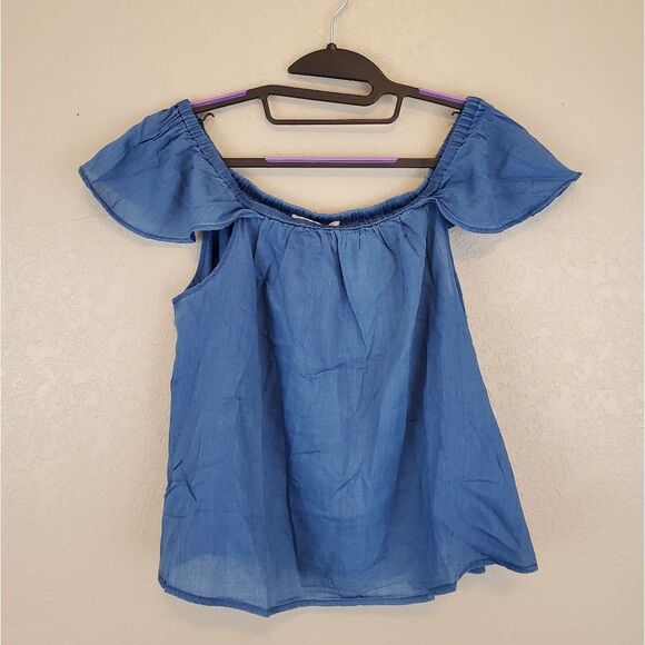 Madewell Chambray Blue Off the Shoulder Lightweight Flowy Blouse Minimalist Top - Picture 4 of 4